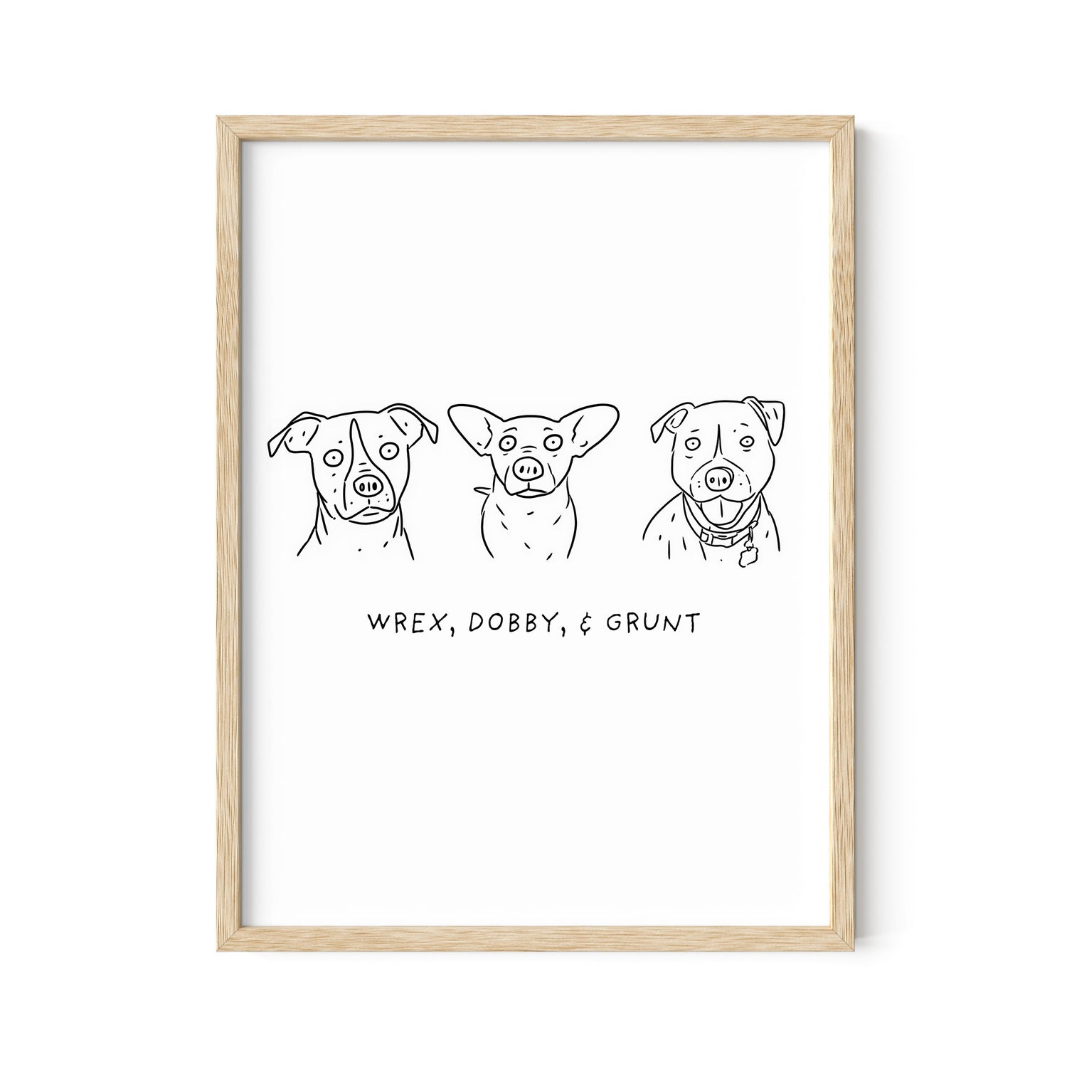 Three pet portraits in a natural wood frame