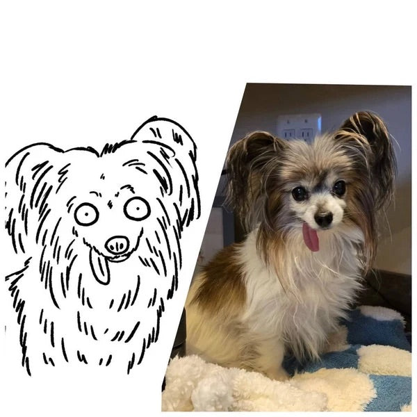 Angie’s fluffy dog beside its portrait
